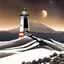 Placeholder: A lighthouse on a mountain top with Saturn and its rings in the background.