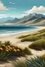 Placeholder: paisaje realista basado en la flora fauna argentina al borde de una playa con montañas nevadas de fondo en una tarde de verano al estilo de quinquela martin