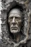 Placeholder: surrealis monochrome A fragmented, surreal sculpture liguid color of photorealistic image 3d,psychedelic art of an old man face glossy emerging from dreamlike a crumbling building. The face appears pale with deep cracks and intricate details, evoking a haunting expression. Blackened tree branches intertwine with the gold mengkilat cracks, set against a backdrop of stormy, cloud-filled skies. bauhaus art The overall tone is dark and moody, suggesting themes of decay and transformation. Include