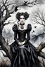 Placeholder: hyper realistic watercolor art style with ink of a steampunk gothic style young woman. She is like doll with pale skin, big dark eyes, tiny nose, tiny mouth, dark hair in gothic dress sitting on a dry tree branch. deep, dark colors, her face is melancholic, surreal with mysterious elements. fog, barren landscape, crows in the gray sky, thriller, weird style, smooth blending, extremely detailed, realistic textures, cinematic, dramatic lighting