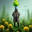 Placeholder: portrait of wild scientist in coat, yellow mad hat ,cell towers overgrown with plants, autmn, mist, spotlights, spray paint art, book illustration, 4k, high detail