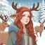 Placeholder: red haired girl in a tawny reindeer onesie with antlers blue eyes looking over shoulder towards viewer snowy background art