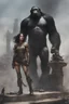 Placeholder: Aji Danajiu black hair, wearing superhuman clothes, standing on top of a pedestal in a post-apocalyptic wasteland next to Caeser, the king of the apes