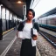 Placeholder: A beautiful slender transgender woman with short black hair waiting for a man at a train station in London