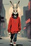Placeholder: Vintage Anime, retro illustration of a cool ,elongated hare walking down street wearing a hoodie, slender, long ears, cartoonist, large eyes are half closed, red, hazy, stoned, pulp fiction style, graphic novel, manga, gothic theme, surreal fantasy illustration ,digital illustration, manga drawings, cartoonist, exaggerated, optical art, symbolism, psychedelic, holographic, smooth, dadaism, chrome,