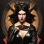 Placeholder: painting of evil goddess in black leather, angry, strong, volouptous, busty, cleavage, emperious, mature, highly detailed, digital painting, artstation, concept art, smooth, sharp focus, illustration, art by gaston bussiere and alphonse mucha