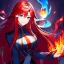 Placeholder: Clear focus, 8k, beautiful lighting, vibrant colors, girl, red hair, long hair, blue eyes, fire magic, smile, angry,