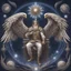 Placeholder: God-like man with infinite power who owns the galaxies and wears a beautiful crown, a jewel of diamonds and galaxies with weapons riding on a creature with an eagle head and eagle wings and eagle hands