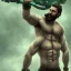 Placeholder: muscular shirtless man with big beard and big mustache and green eyes