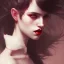 Placeholder: girl, cute, beautiful, white eyes, red lips, black hair with bangs, goth, close up portrait by Greg Rutkowski