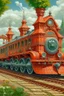 Placeholder: A salmon orange colored steampunk train station designed in Navajo woven art painted by Claude Monet
