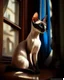 Placeholder: sleek Oriental Shorthair Siamese with rich chocolate point markings, its slender body poised elegantly on the narrow windowsill of an old, ornate apartment. The late afternoon sun casts golden streaks through the slightly parted curtains, illuminating the cat's almond-shaped, sapphire-blue eyes as it gazes intently at the bustling street below. Its large, bat-like ears twitch at distant sounds, while the delicate curve of its whip-like tail drapes over the edge of the sill. The window frame, wea