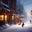 Placeholder: Santa Claus rides on just one polar bear and hands out presents to the children in the street. There is snow on the street, the lanterns are burning. Oil painting, dynamic lighting 8k, very cute, fantasy, fantastic view, colourful, Nikon850 highly detailed