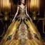 Placeholder: stunning extrem opulent haute couture gown designed by Marchesa inspired by fairies, realistic epic elegant fantasy color mix of gold and black and dark red,decorated with precious stones, detailed, high quality, intricate, fantasyland background,