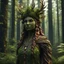 Placeholder: create a female shadowed forest spirit guardian , with highly detailed, sharply lined facial features, in the deep forest of Brokilon in rustic woodland colors, 4k