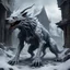 Placeholder: frost hellhound out of the abyss monstrous in ruins of medival town