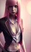 Placeholder: girl, cute, beautiful, pink hair, brown eyes, long hair, bangs, knife in hand, blood on face, by Greg Rutkowski, big boobs, blazer, skirt, yandere