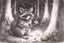 Placeholder: At dusk a curious raccoon explores the forest. Tiptoeing into human campsites, intrigued by artifacts they found.- Pencil drawing, realistic, graphite