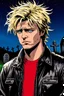 Placeholder: Blonde man, messy hair, sad eyes, leather jacket, red T-shirt, in a graveyard at night illustrated