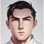 Placeholder: mysterious youthful Russan male, man, dark and intriguing, confident, intense, handsome, anime style, retroanime style, cool style, dark black short hairs, white shirt, white paint background, white man, brown eyes, middle lips, A small smile, The head looks straight ahead