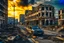 Placeholder: photo if an abandoned modern city center after apocalypse with an medieval castle on the right side. crumbling buildings, cracked ground and asphalt streets. car wrecks, fire and smoke everywhere, low saturated colors