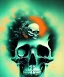 Placeholder: broken realistic skull. black background. smoke and explode. particles in air. teal and orange. abstract. beksinski.