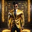 Placeholder: Hyper Realistic handsome muscular Electric-Superhero with short-black-hair wearing long-fancy-yellow-tuxedo-with-golden-circuit-patterns & fancy-golden-sunglasses in a dark-rustic-circuit-room with electric-sparks-&-rays & a massive circuit-board-wall with-glowing-embers showing dramatic & cinematic ambiance.