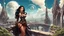 Placeholder: exotic sci-fi steampunk pin-up girl, with long dark hair, on a sci-fi planet with cloud trees, tall spires, buildings, bridges, arches