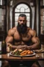 Placeholder: full figure shot photography of a burly ugly 30 year old italian boxer with big broken nose, very long muslim black beard, muscular beefy man shirtless, manly chest, big shoulders, shaved hair, bulge, in a modern dinner room, photorealistic