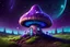 Placeholder: vibrant violet and cyan mushroom house on dirt pillar grassy top outer space. stars, grass, mushroom house, dirt pillar. Detailed gloss Painting, rich color, fantastical, intricate detail, splash screen, hyperdetailed, insane depth, concept art, 8k resolution, trending on artstation