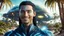 Placeholder: beautiful gorgeous young man na'vi with long hair, Avatar, blue skin, two small ears, green eyes, black hair, in cosmic suit, galactic ambiance, medium pointy goatee , smiling, with spaceship and planets and palm trees and clear crystaline cosmic beach in background