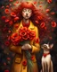 Placeholder: Create a moving illustration of a red girl wearing a yellow coat holding a bouquet of red poppies, standing peacefully, head leaning upward. A Oriental shorthair Siamese chocolate point cat with a red heart-shaped collar sits at her feet, looking up adoredly. Use a dark, textured background to accentuate the heat of the subjects. Emphasize a calm and introspective atmosphere. HD