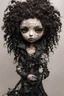 Placeholder: full color, closeup illustration of a dark, menacing, curly haired, black clad motorcycle girl, as a decayed, broken, crude homemade cloth doll toy, with a cracked porcelain face, thick dark eyebrows, hair made from ragged strips of cloth, in the style of Alex Pardee, Tim Burton, and Nadya Sheremet