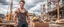 Placeholder: Hyper Realistic photographic-view of a Handsome-muscular-shirtless male construction worker with brown-hair-&-attractive-black-eyes giving-attractive-smile-&-posing at a construction-site with his tools at cloudy-day showing dramatic & cinematic ambiance