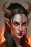 Placeholder: Portrait of a young and beautiful female Tiefling bard with red skin, two horns emerging from her forehead and long black hair with sidebangs and a ponytail. She has fiery eyes and a smirk on her face.