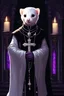 Placeholder: (anthropomorphic white ferret),dressed in ((cleric fantasy)) black clothes with silver holy ornaments, realistic anatomy, posing, cute face, fantasy church on background with warm sunshine lighty from behind, gloomy atmosphere:2.5, purple armband, The holy icon style, RTX, praying, close eyes