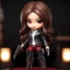 Placeholder: a chibi woman with long brown hair, red eyes, mafia princess, holding a handgun, leather and denim outfit, intricately detailed, chibi 3d doll