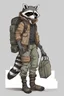 Placeholder: full body, anthro raccoon thief, hooded, backpack, post-apocalyptic, sketch, blank background