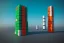 Placeholder: Plastic city Towers made out of stacked Rubik's CubeS, Orange, white, blue, green