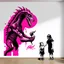 Placeholder: Banksy style graffiti of a xenomorph holding out a head to a little girl, graffiti 2d wall mural, minimalism, pink and black hues