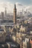 Placeholder: Create a complex composition based on the letters of the English language. The city of London is in the background. Big Ben and Tower Bridge are visible. High quality 8 K. People are learning English.