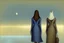 Placeholder: two women seen from behind walking side by side in an empty foggy plain, above there is blue sky by artist "Leonora Carrington",by artist "Christian Schloe",by artist "Kay Sage"