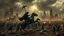 Placeholder: cyberpunk interpretation of Bruegel's "The Triumph of Death", capturing the symbolic "harvest" of humanity. this is terror. A dystopian metropolis under smog sky, where cybernetic soliders reapers are executing physical harvest. Many of humans citizens killed an army of cyberwarrior androids and robots, panicking running people, many bodies lying on the ground. a cyber-death warrior in black hood with futuristic gun on a mechanical robot horse, thriller, detailed, cinematic