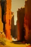 Placeholder: An orange colored rocky canyon with a temple ruin painted by Clyfford Still