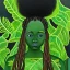 Placeholder: Painting .the face of A young black woman. A wood nymph emerging from the forest. Her hair looks like vines. Dreadlocs. Her skin is the colour of dark soil. Her skin looks like tree bark. Her clothing is made of vines, grass and leaves.