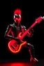 Placeholder: A realistic 4K robot terminator with a red punk crest playing bass, black background, flames all around him.