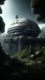 Placeholder: sci fi planet, brutalist space station, trees, mysterious