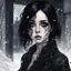 Placeholder: dessin d'une jolie jeune femme goth triste aux cheveux noirs et aux yeux noirs est dessinée, son visage dépeignant à la fois la curiosité et la crainte. Ses yeux sombres reflètent la lumière sinistre qui émane du manoir, tandis que des tourbillons de neige tourbillonnent autour d'elle, soulignant l'isolement et la désolation de l'environnement. À travers la porte entrouverte du manoir, une lumière mystérieuse se répand, invitant la jeune femme à entrer dans l'inconnu. L'atmosphère est stressant