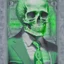 Placeholder: a head and shoulders portrait of a skeleton dressed in a three-piece suit as the president of the united states, based on us currency, united states one dollar bill, shades of green, line ink green drawing, real-life, colors match the united states one dollar bill, realistic, robotic,