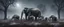 Placeholder: Hyper Realistic zombies & elephants on the field behind a huge dark mansion with dry old tree at a foggy snowfall night